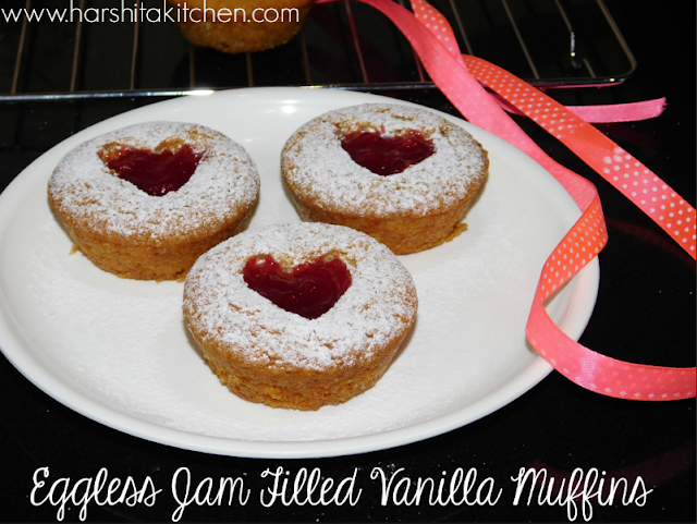 Eggless Jam Filled Vanilla Muffins ~ Red Jam Hearts ♥︎